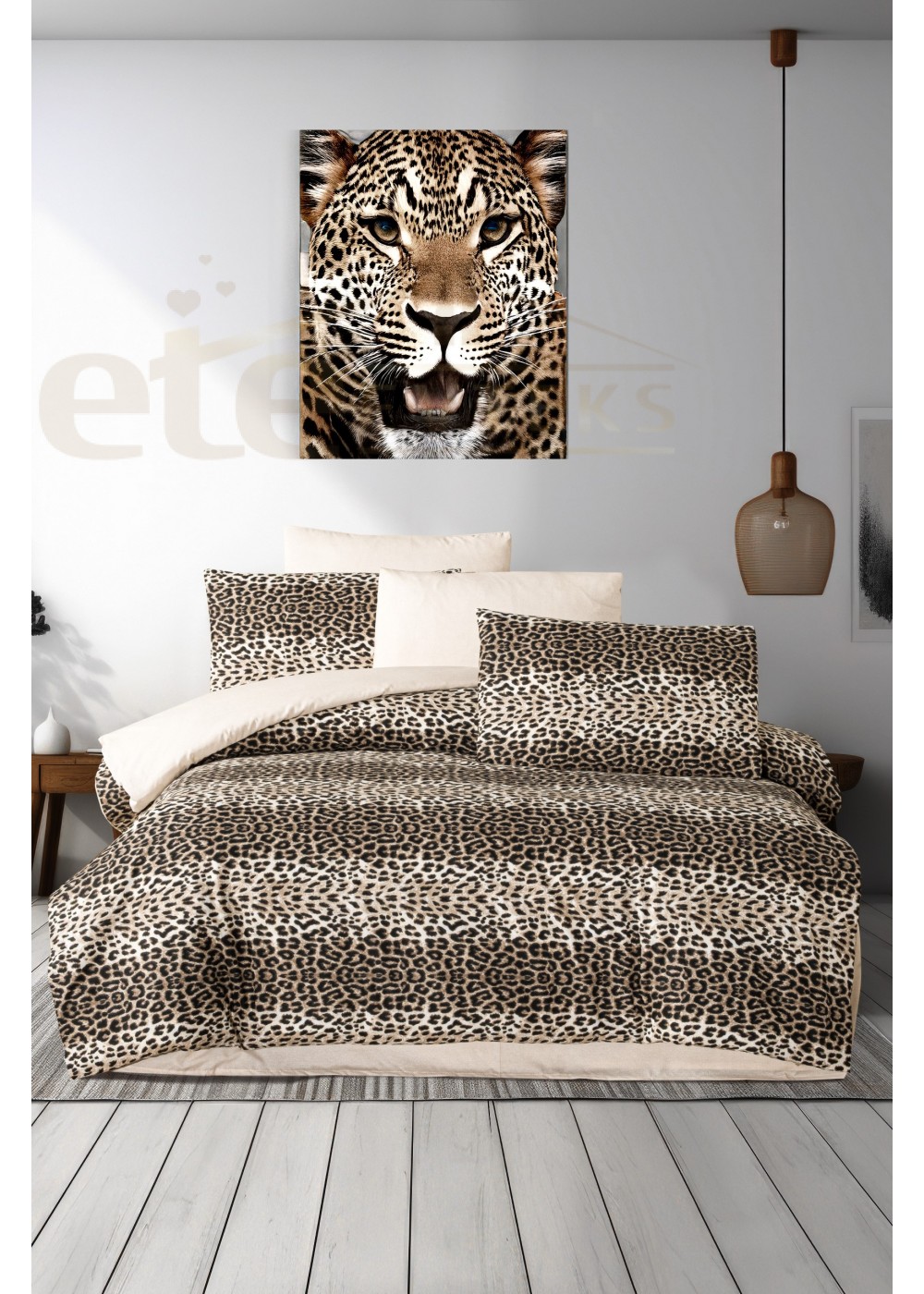 ETEHOMETEX Çift Kişilik Ranforce Pamuklu Lastikli Çarşaflı Nevresim Takımı LEOPAR 8696474232062